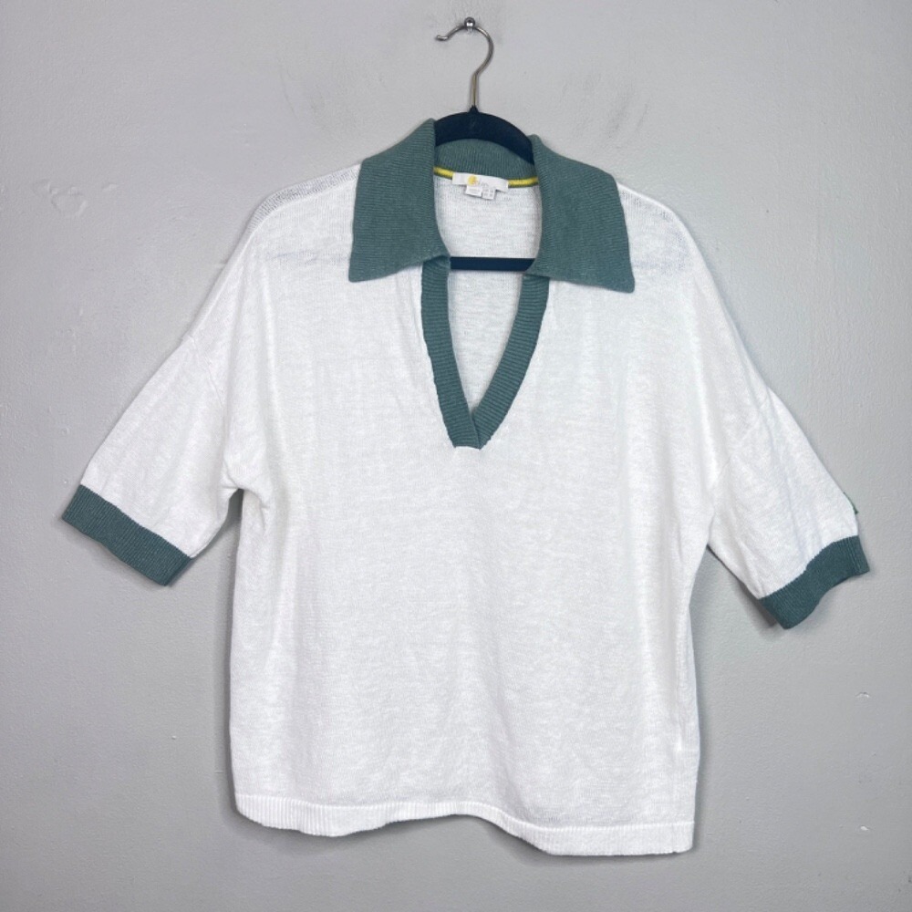 Boden Women 100% Linen Top Ivory Relaxed Collared Jumper Pullover Size 14